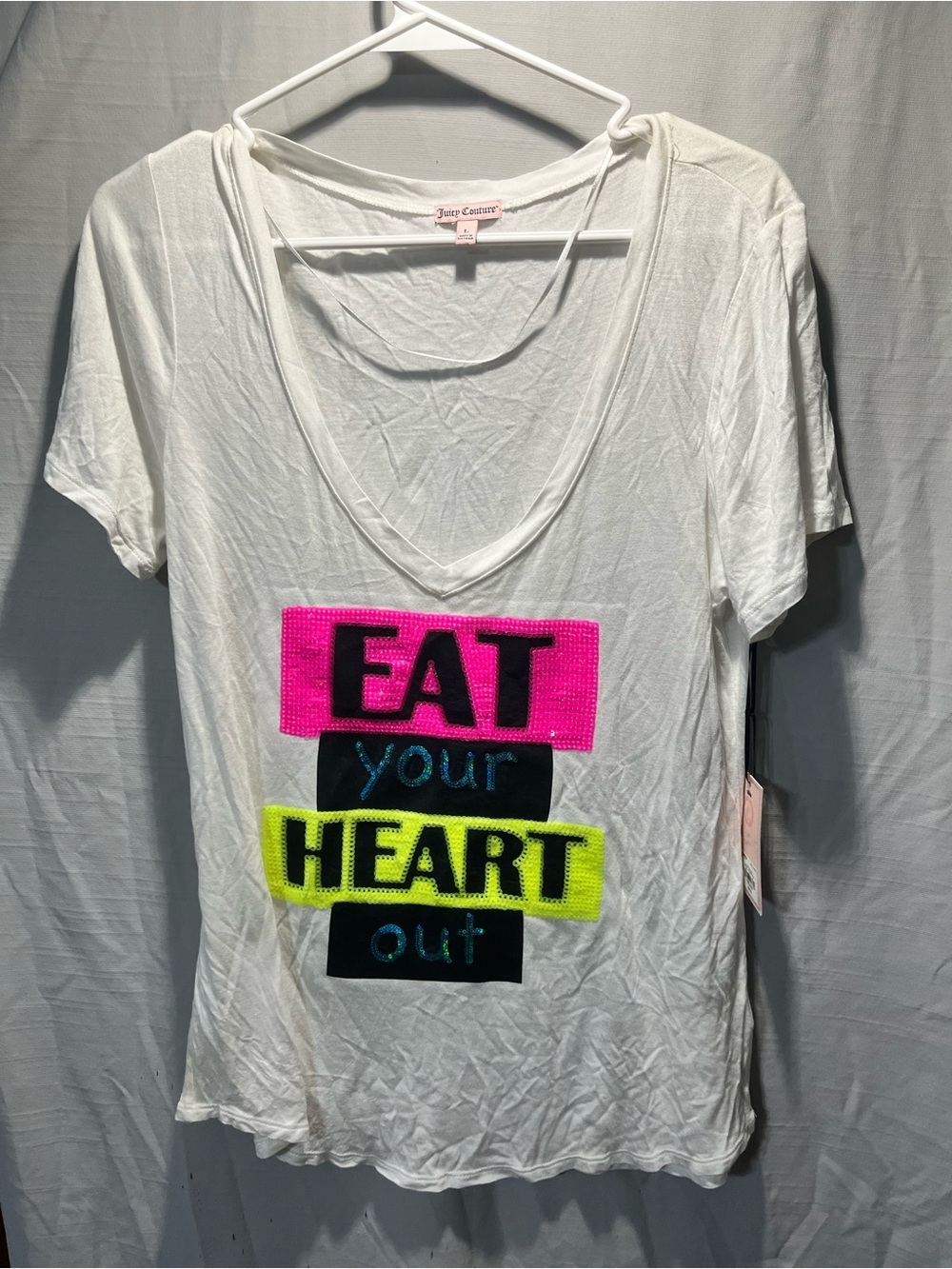 Juicy Couture White V-Neck Tee with Neon 'Eat Your Heart Out' Graphic large nwt